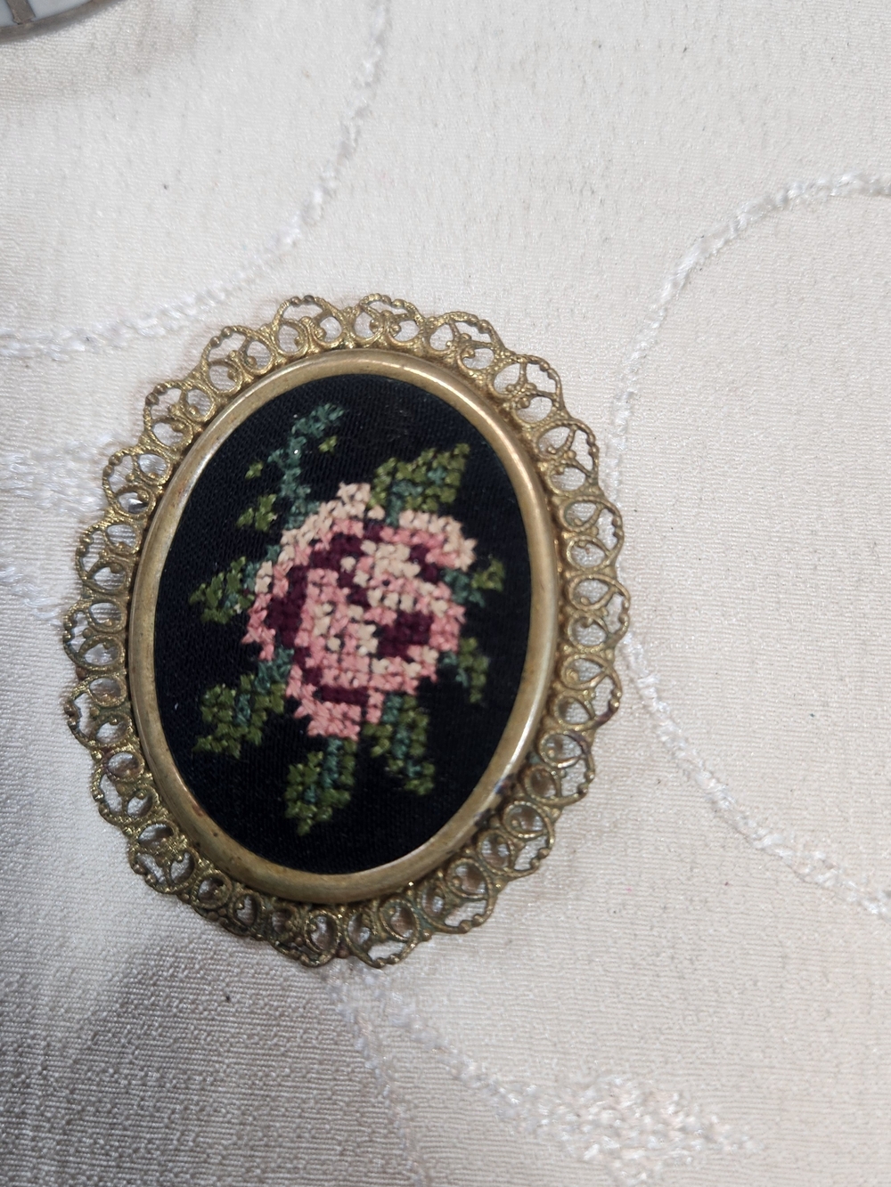 Vintage Floral Needlepoint Brooch - Pink Rose on Black